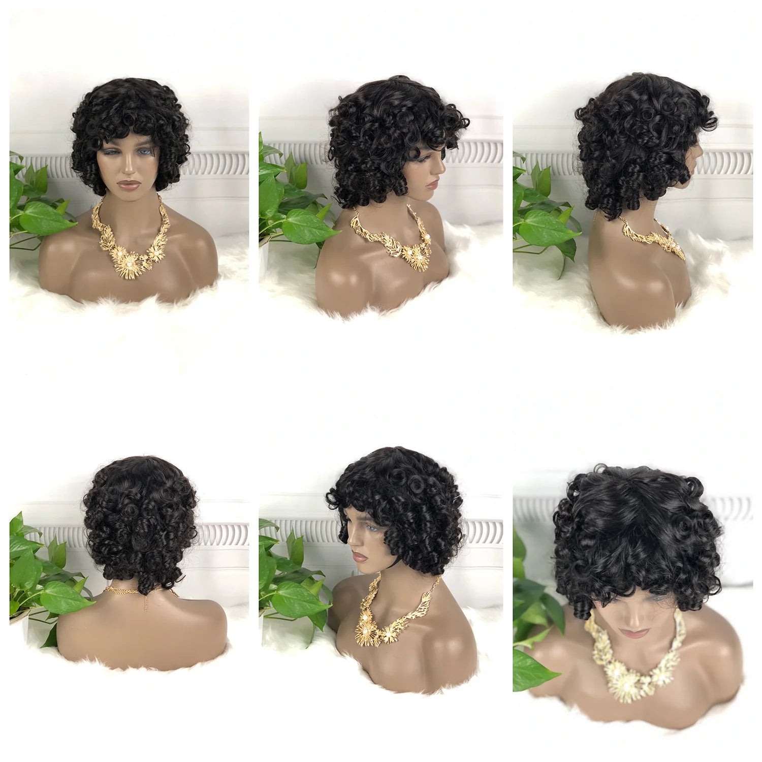 Fumi curl -- natural black color--full machine made wig with bang