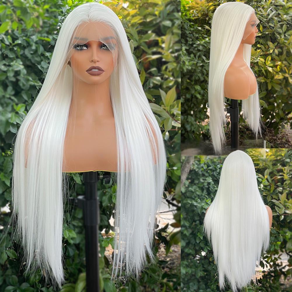 Peluca frontal de encaje de fibra de color liso --- 13*4 --- Color blanco