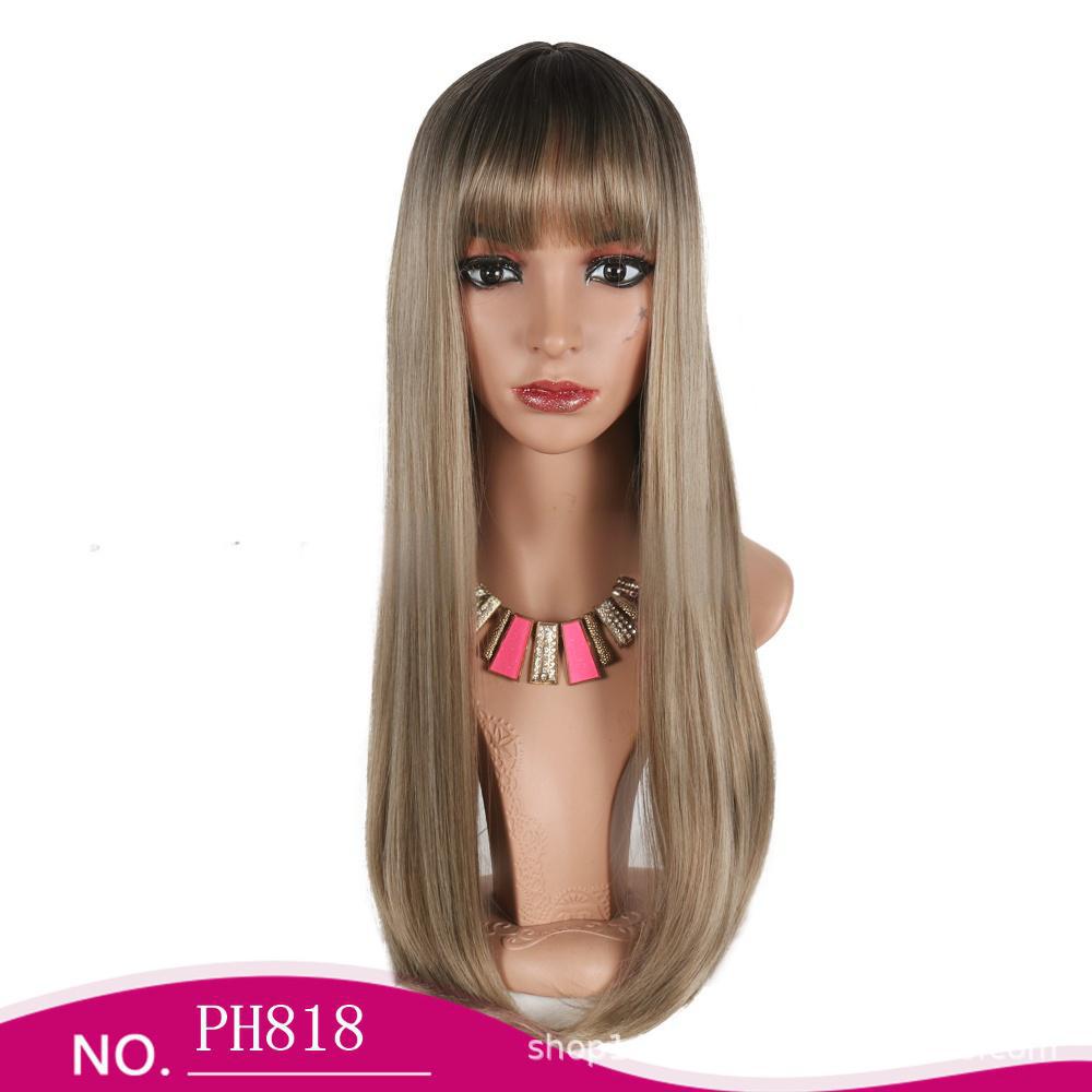 Fiber wig for women with straight hair, evenly parted bangs