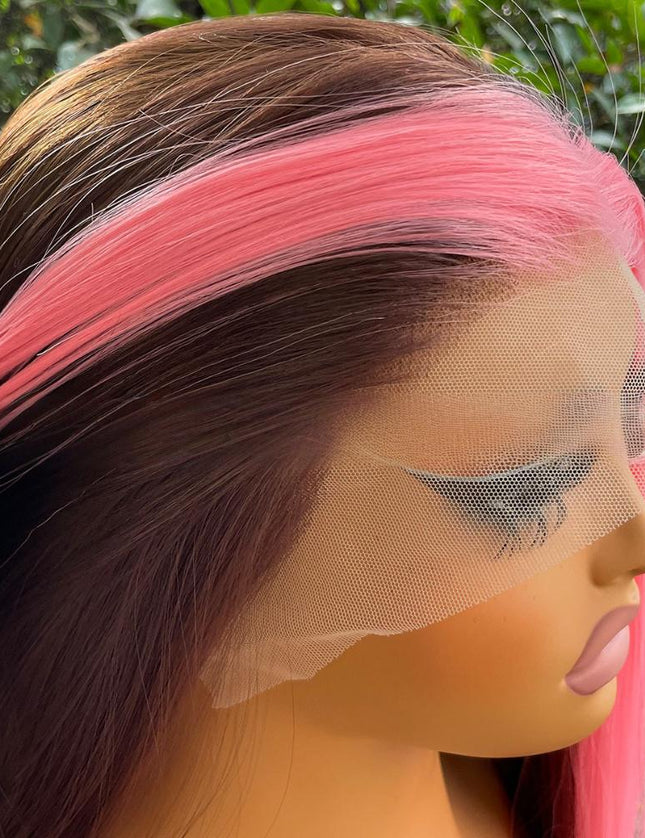 Synthetic lace frontal color wig straight---13*4---highlight pink and brown color--pay 1 get 2