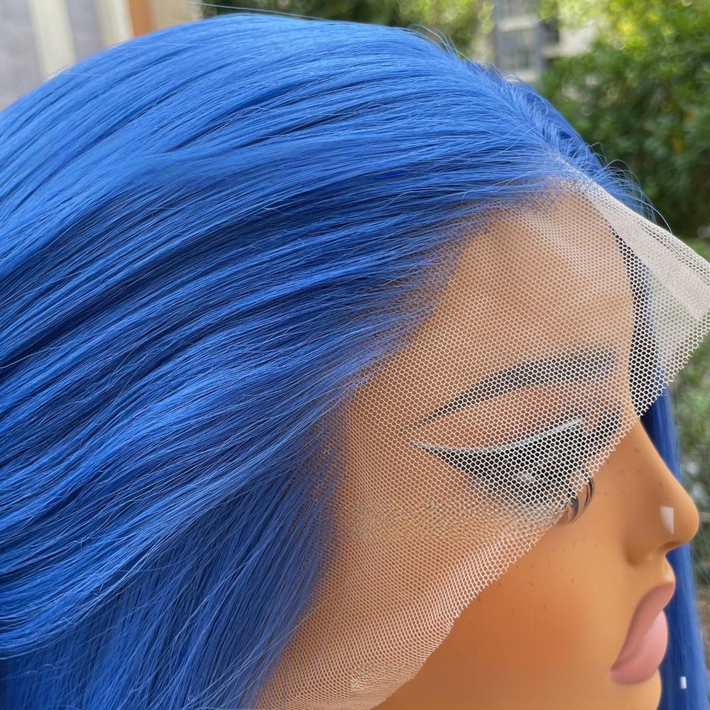 Peluca de color frontal con encaje de fibra, recta, 13 x 4 pulgadas, color azul marino profundo