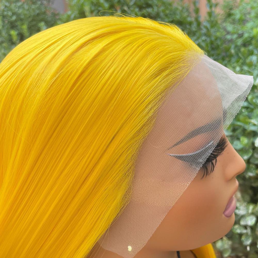 Peluca frontal de encaje de fibra de color liso --- 13*4 --- color amarillo