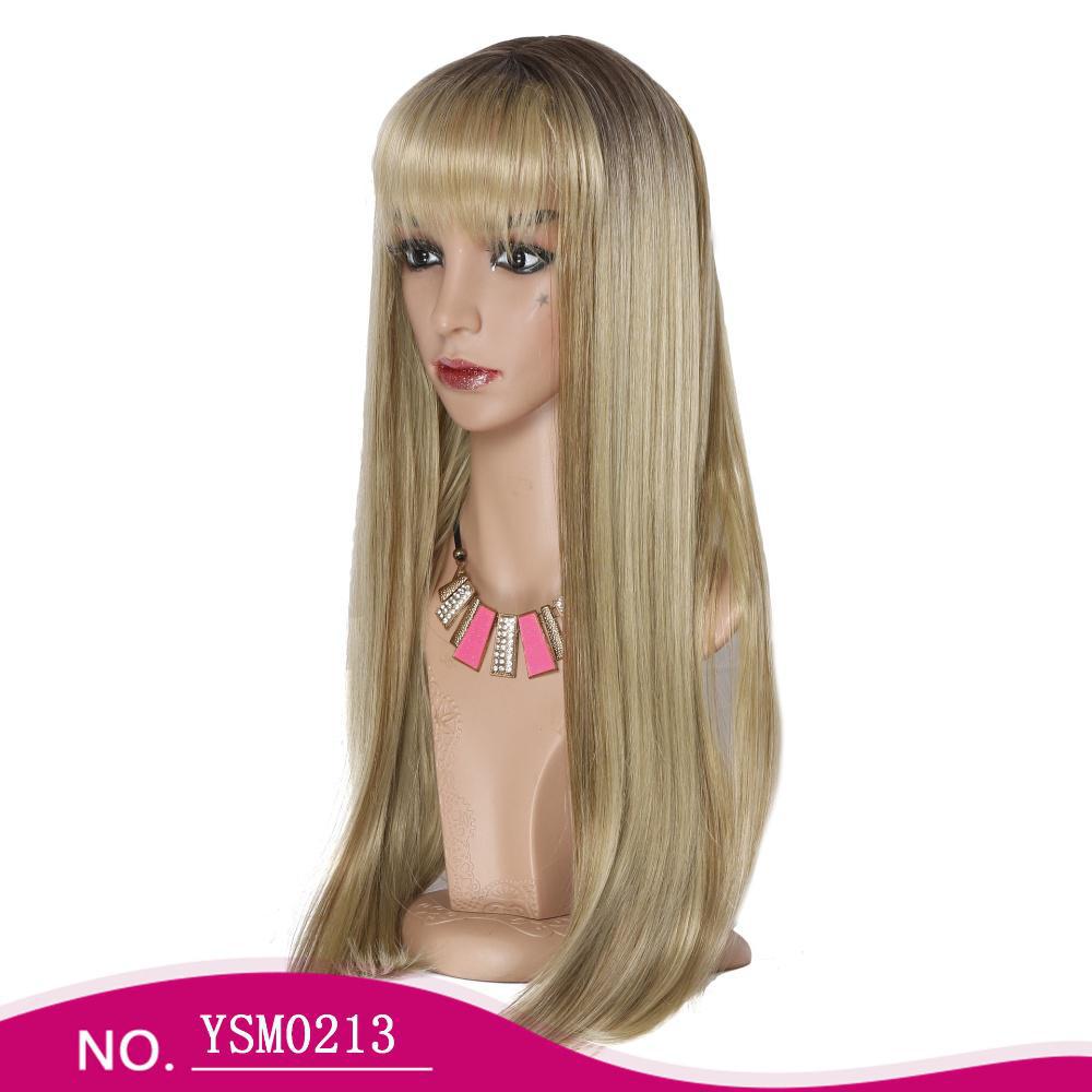 Fiber Wig with bangs gradient blonde brown rose mesh