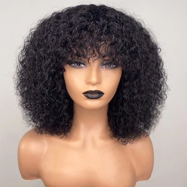 Natural color big curly full machine made wig with bang