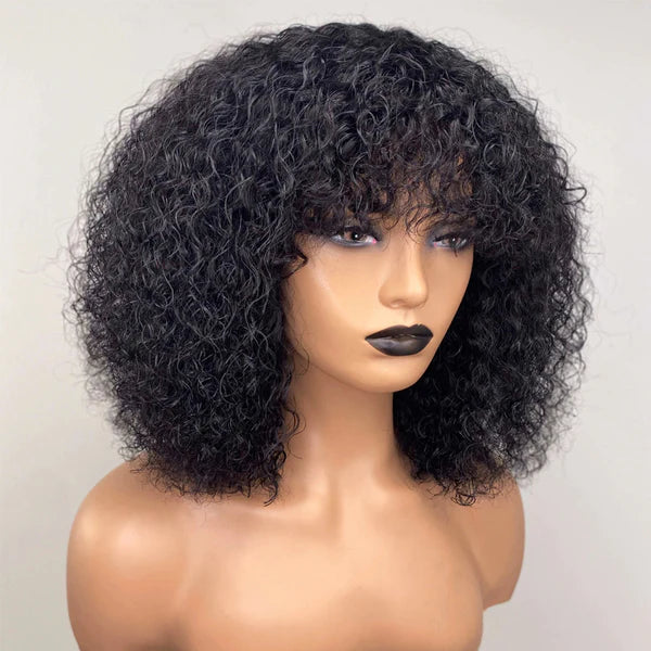 Natural color big curly full machine made wig with bang