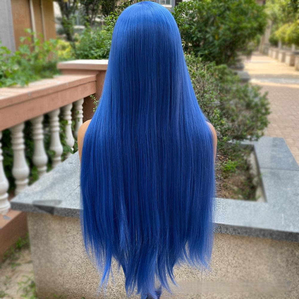 Peluca de color frontal con encaje de fibra, recta, 13 x 4 pulgadas, color azul marino profundo