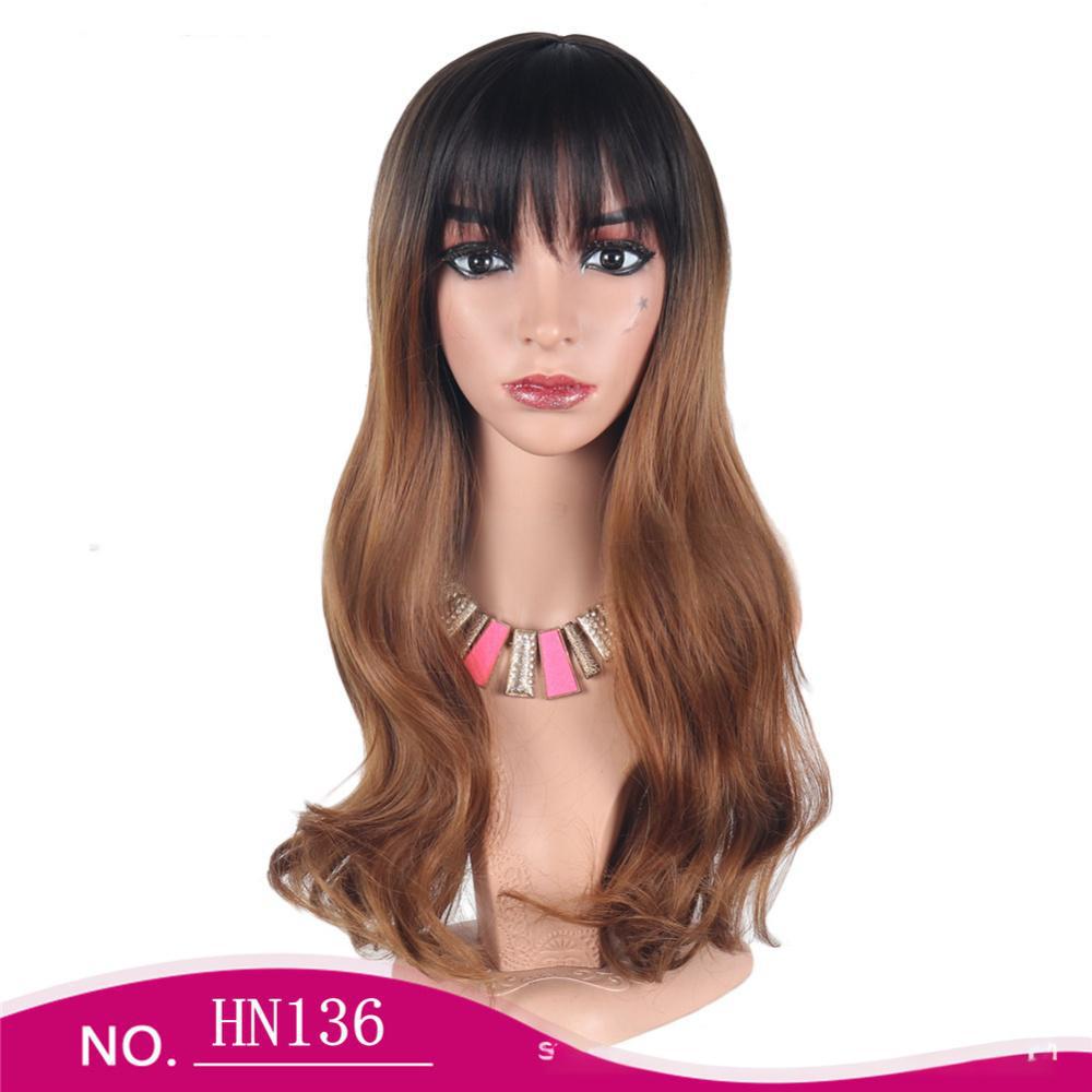 Fiber wig Brown middle-parted bangs and gradient big waves