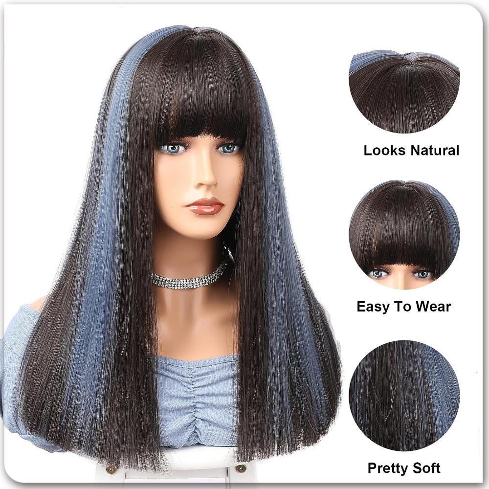 Straight fiber wig in brown and blue with bangs, long straight hair