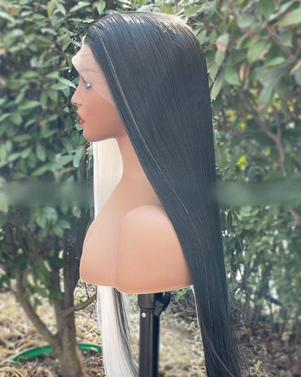 Synthetic lace frontal color wig straight---13*4---half white and half black color---- pay 1 get 2