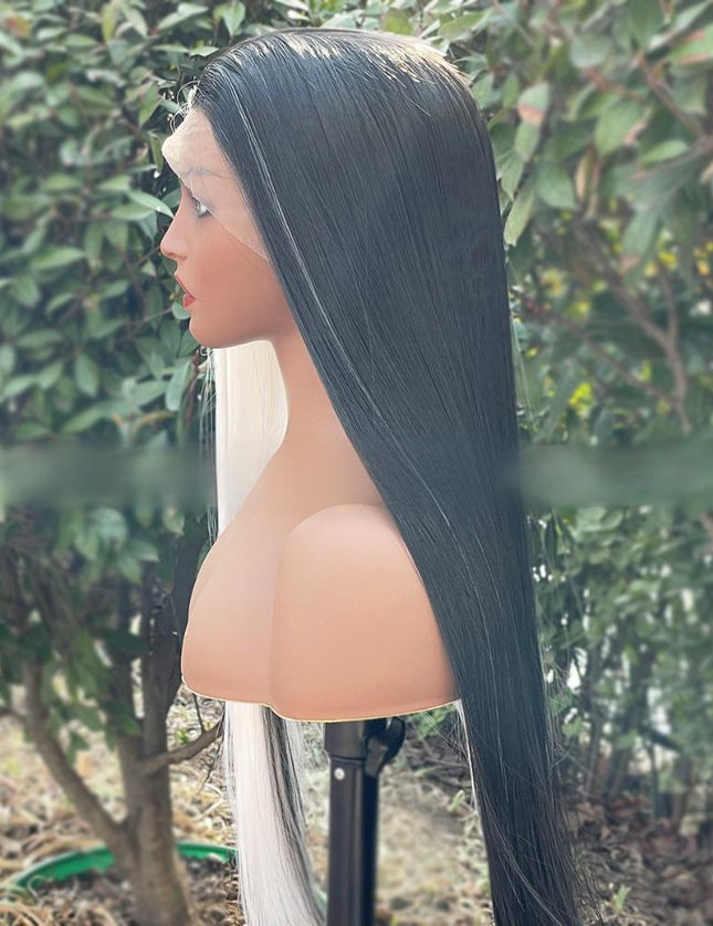 Synthetic lace frontal color wig straight---13*4---half white and half black color---- pay 1 get 2