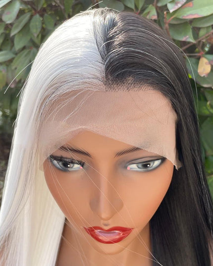 Synthetic lace frontal color wig straight---13*4---half white and half black color---- pay 1 get 2