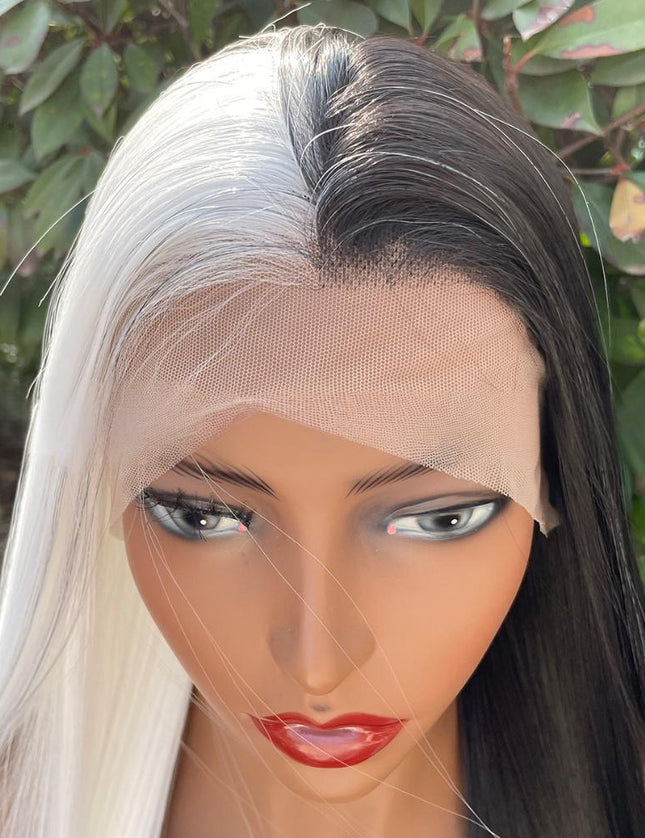 Synthetic lace frontal color wig straight---13*4---half white and half black color---- pay 1 get 2