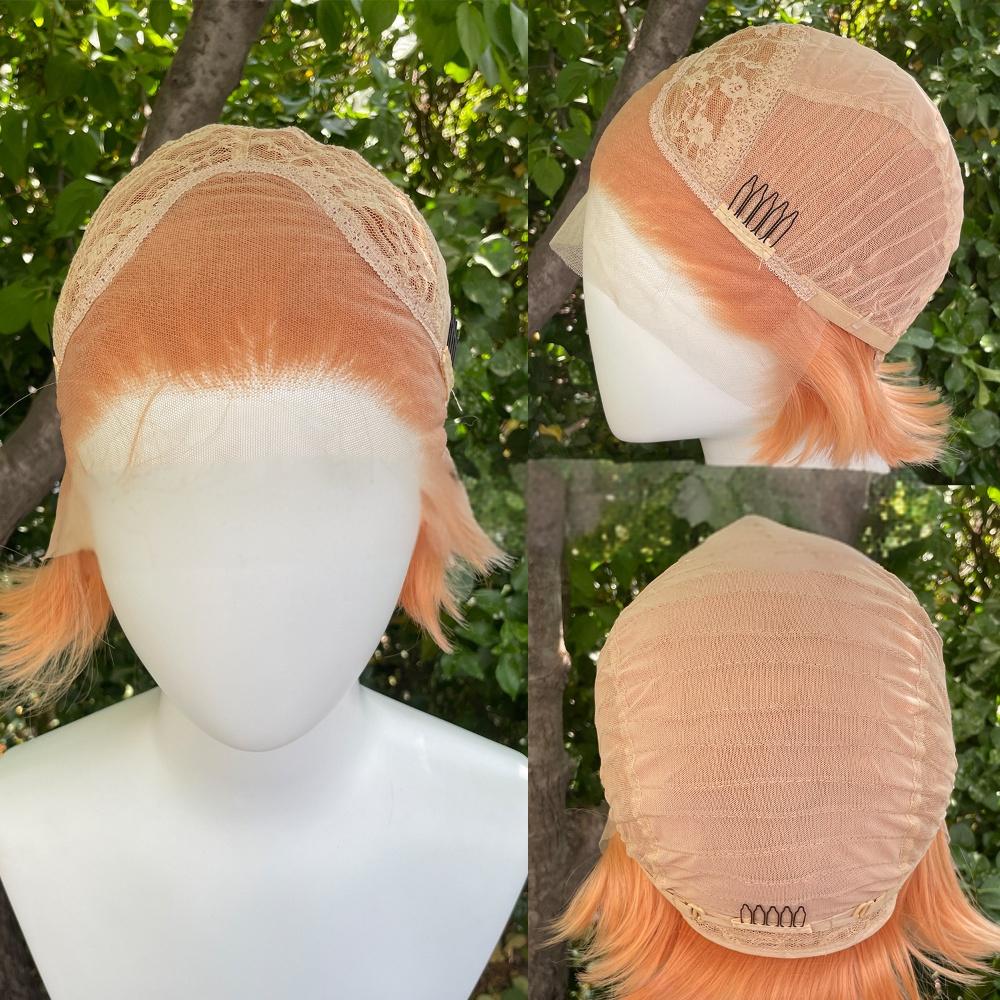 Peluca de color frontal con encaje de fibra, recta, 13 x 4 pulgadas, color rosa melocotón
