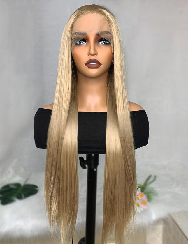 Synthetic lace frontal color wig straight---13*4---Sand gold color--pay 1 get 2