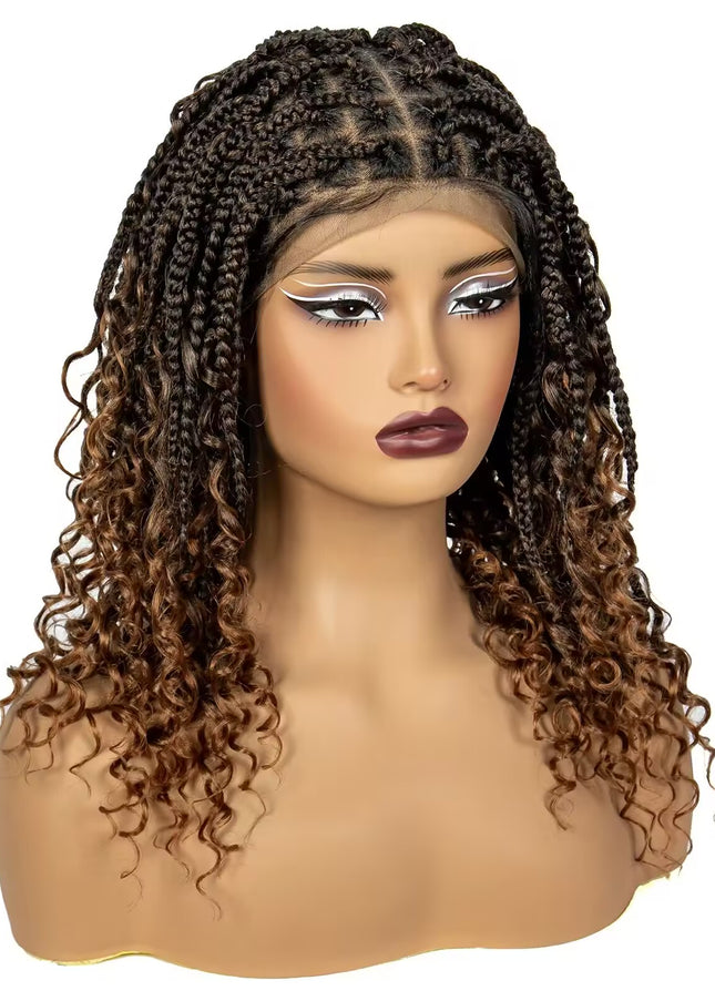 16 Inch Pre-cut Short Boho Braided Box 360 Full Lace Synthetic Cornrow Bob Wig-- 1B/30 color