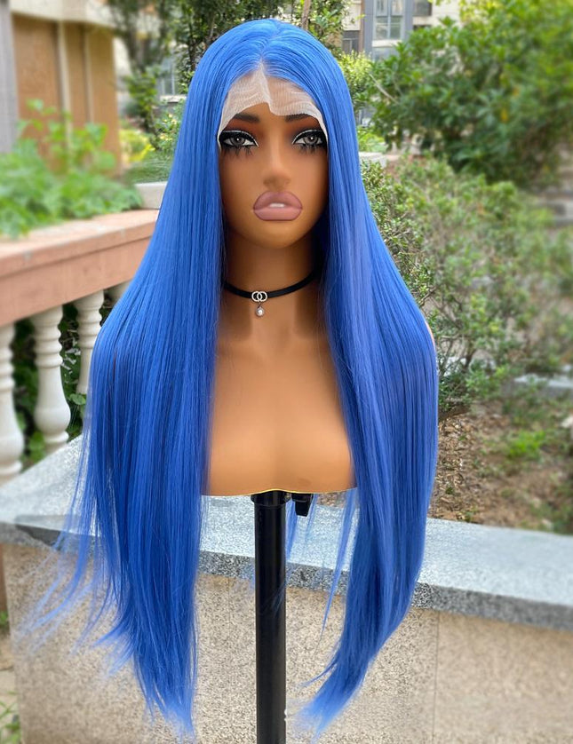 Synthetic lace frontal color wig straight---13*4---Deep sea blue color---pay 1 get 2