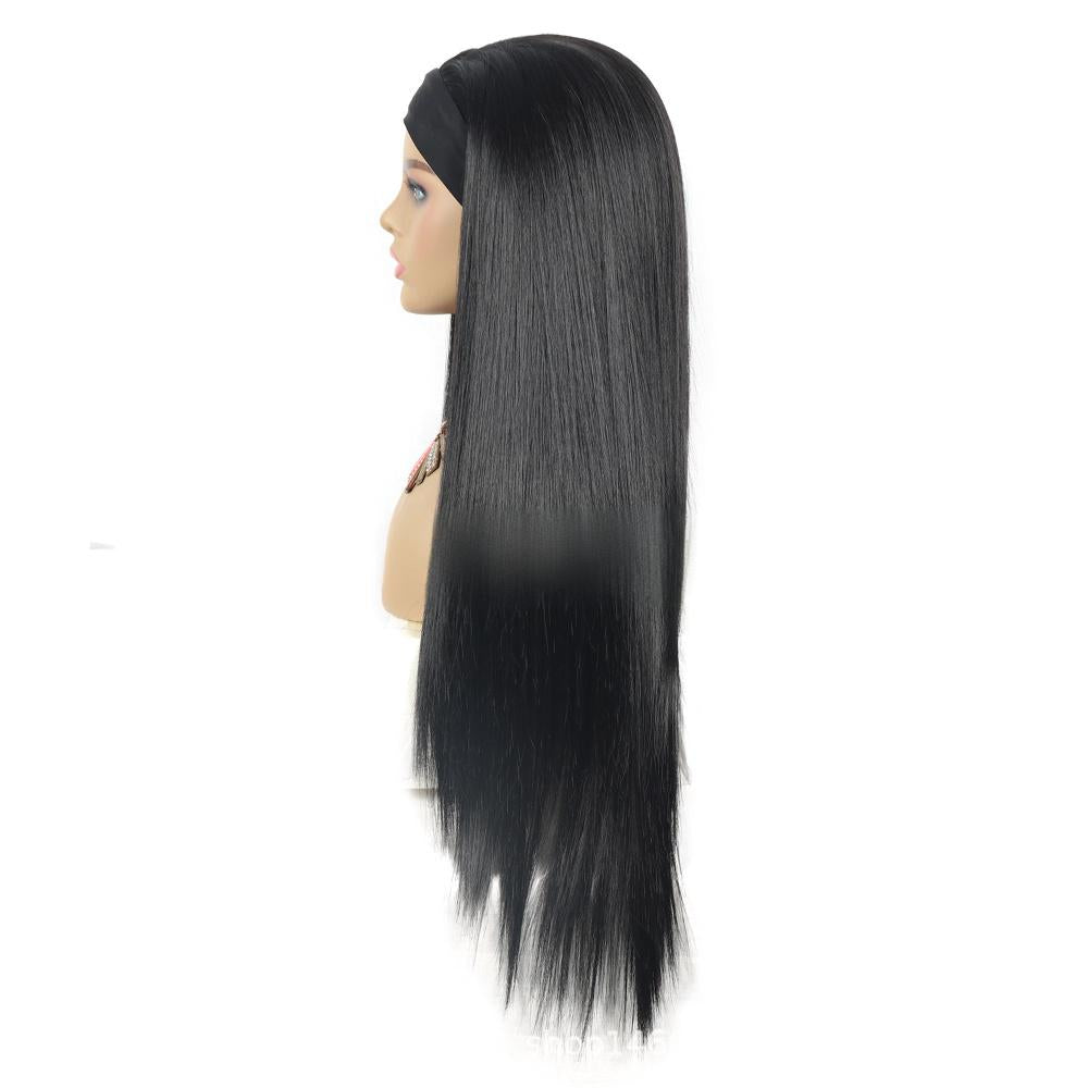 Long straight fiber wig with ice headband for women