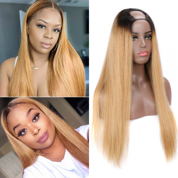 #1B/honey blonde color straight 100% Virgin Human Hair U part wig