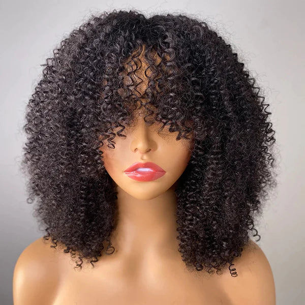 Natural color tiny curly full machine made wig with bang