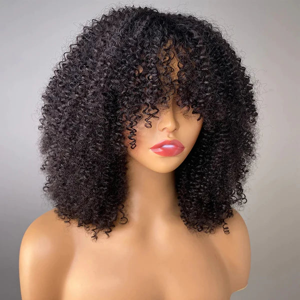 Natural color tiny curly full machine made wig with bang