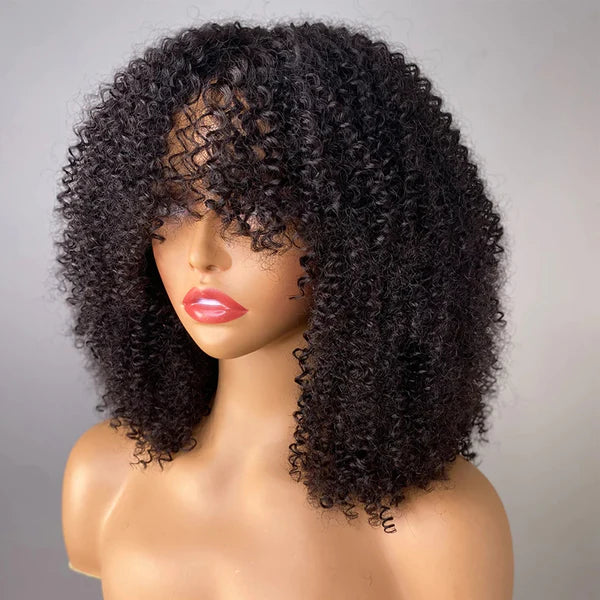 Natural color tiny curly full machine made wig with bang