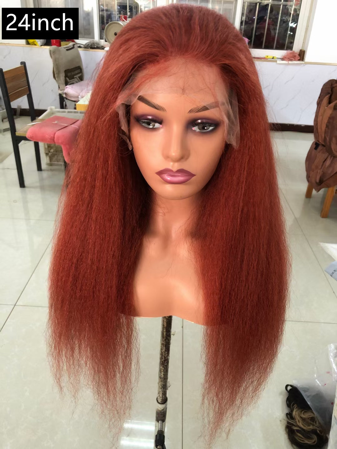 Kinky straight burnt red Lace Frontal 13x4，  180% density 100% Virgin Human Hair Transparent LACE Wig