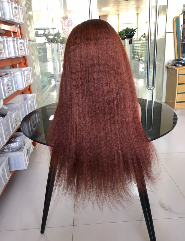 Kinky straight #33 reddish brown color lace Frontal 13x4 Virgin Human Hair Wig 15A