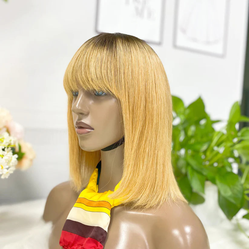 Straight -- #T1b27 color--full machine made wig with bang