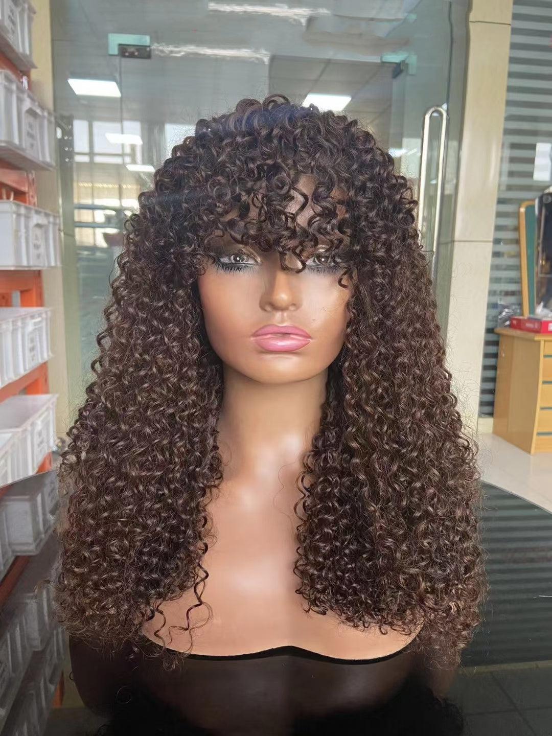 Jerry curly -- color #4 --full machine made wig with bang