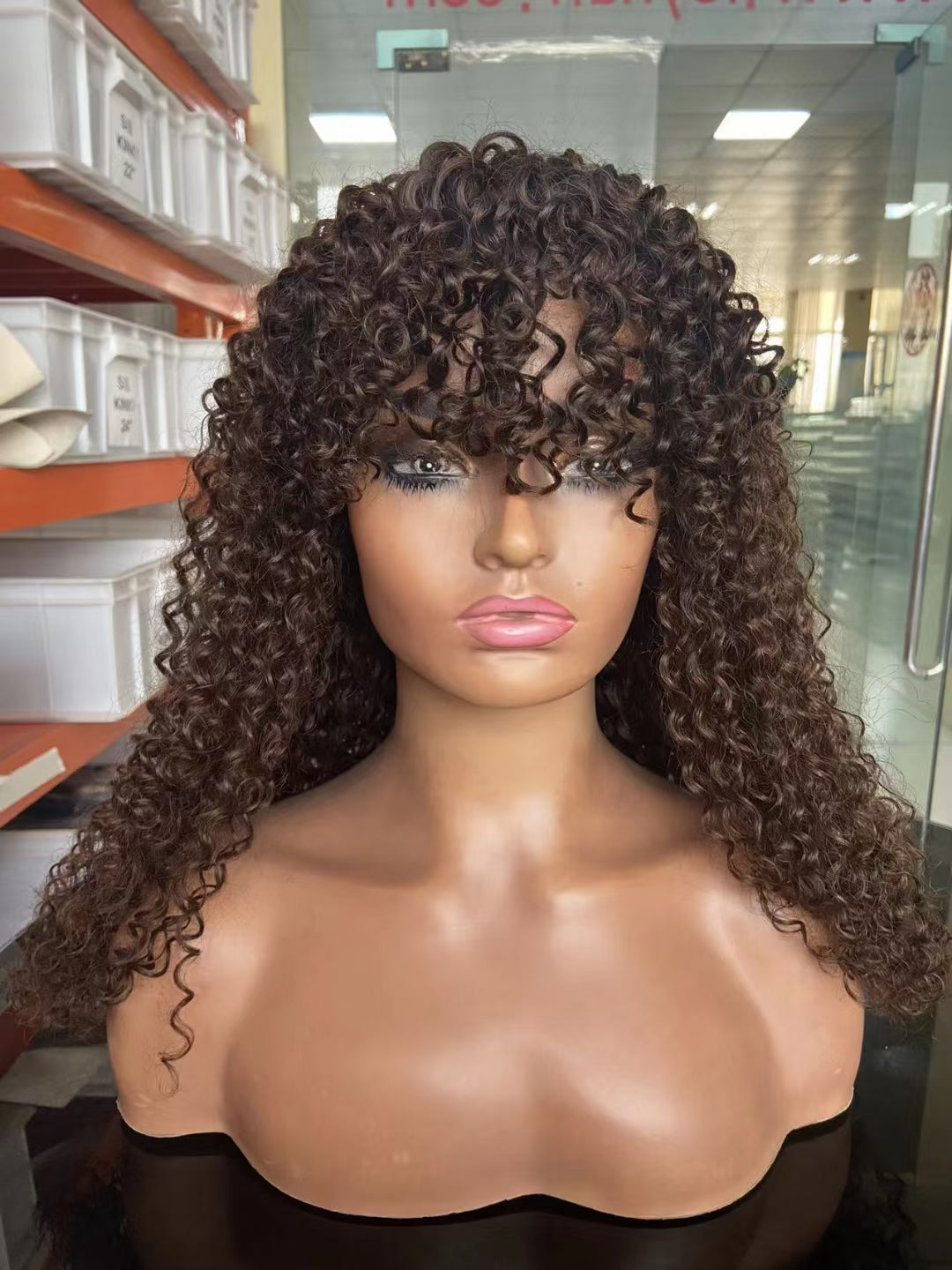 Jerry curly -- color #4 --full machine made wig with bang