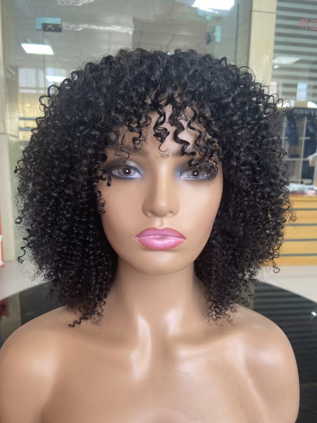 Tiny curly -- natural black color--full machine made wig with bang