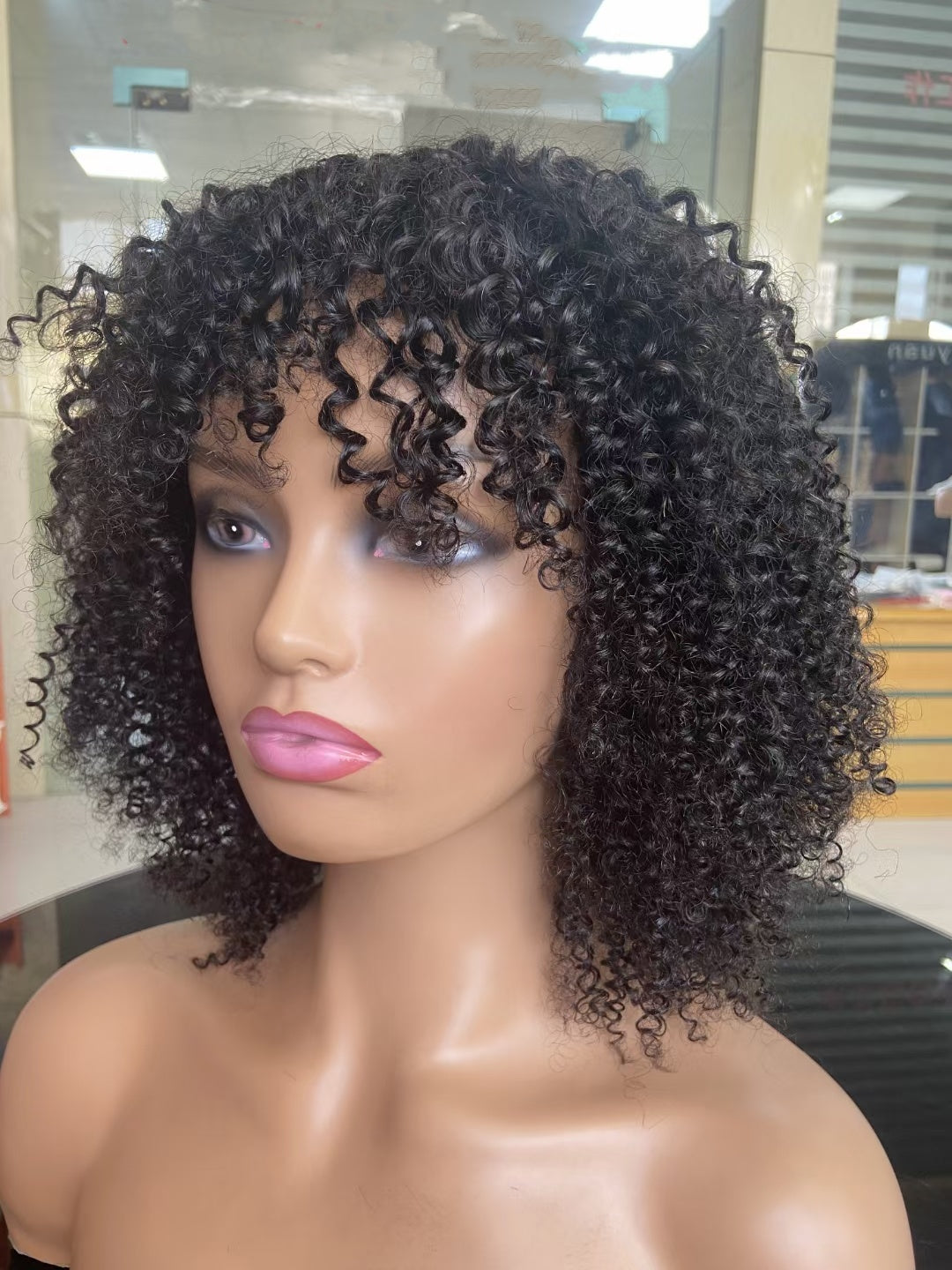 Tiny curly -- natural black color--full machine made wig with bang