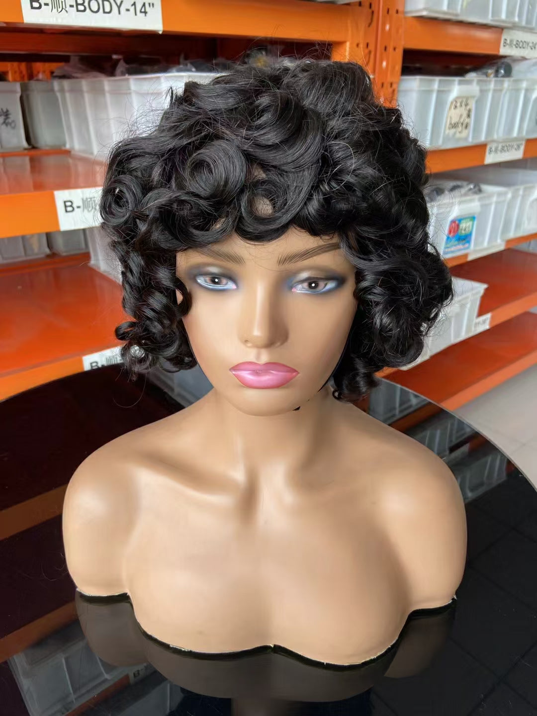 Sheep hair wave -- natural black color --full machine made wig with bang