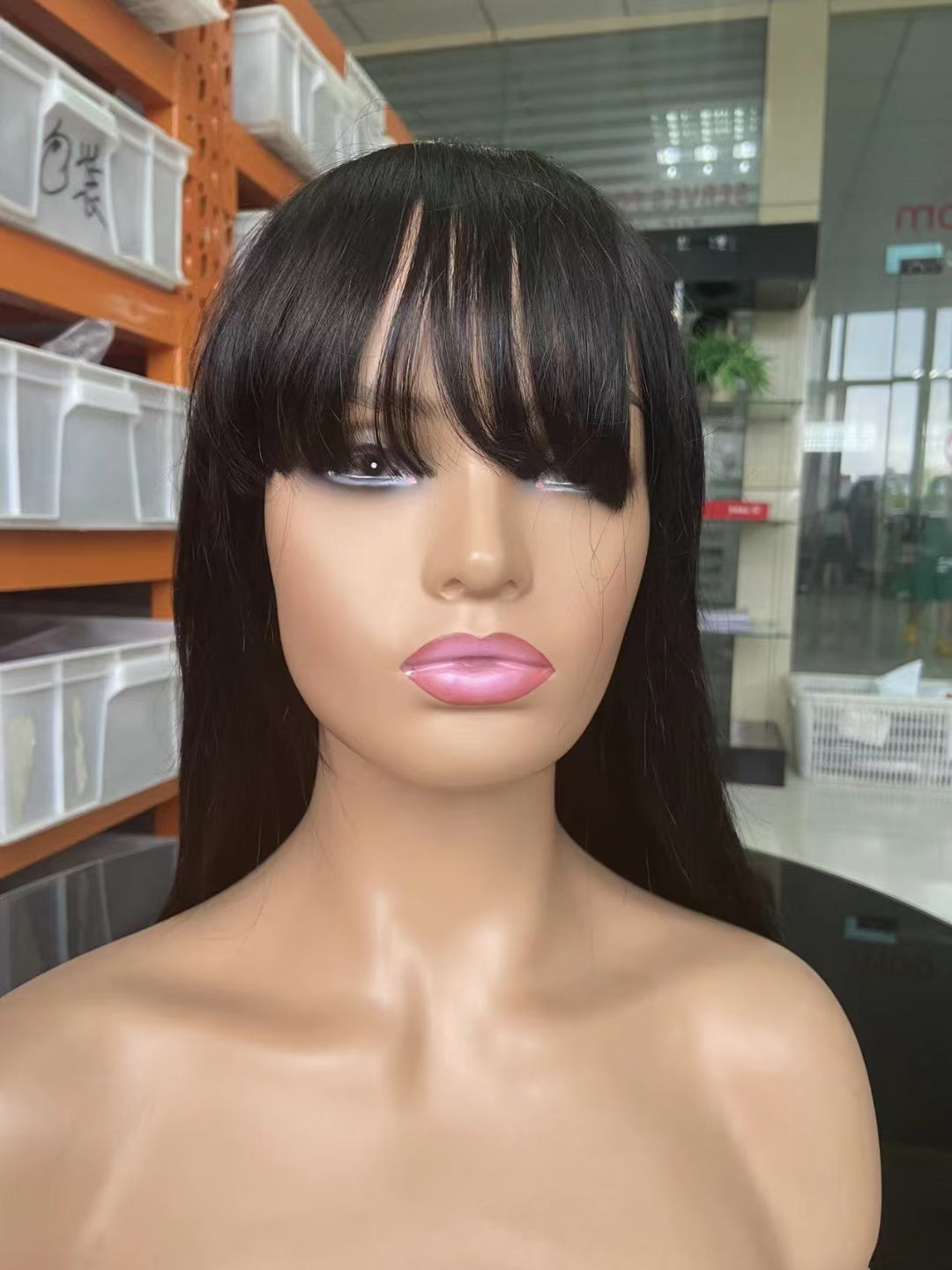 Straight Natural color machine made bang wig  100% Virgin Human Hair