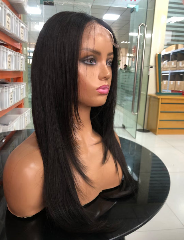 Straight Natural Black Trendy Long Layered Butterfly Haircut  4x4，5x5 Transparent Lace closure wig 15A