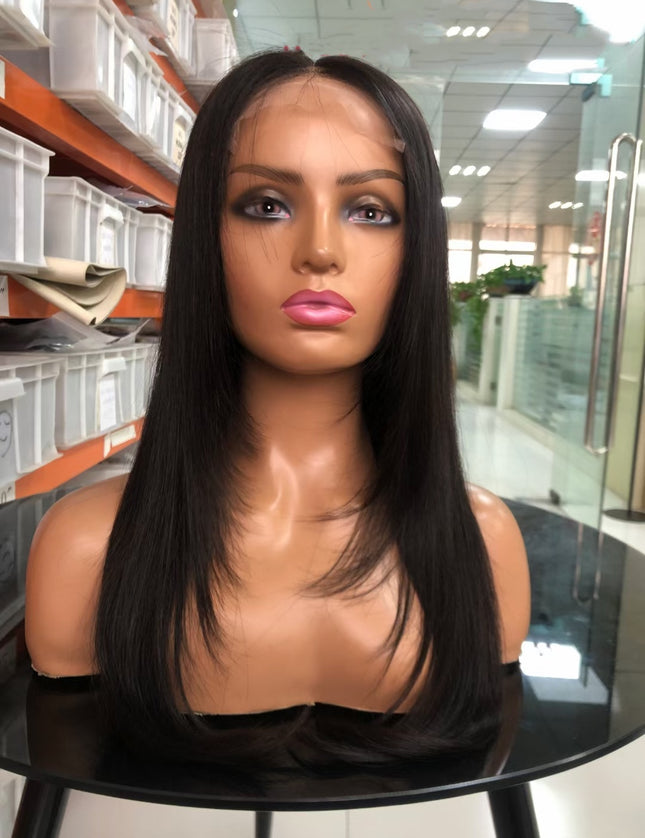Straight Natural Black Trendy Long Layered Butterfly Haircut  4x4，5x5 Transparent Lace closure wig 15A