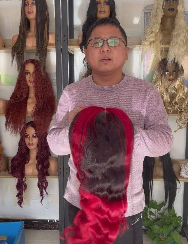 Human Hair Wig 12A Body Wave highlight natural black and red color