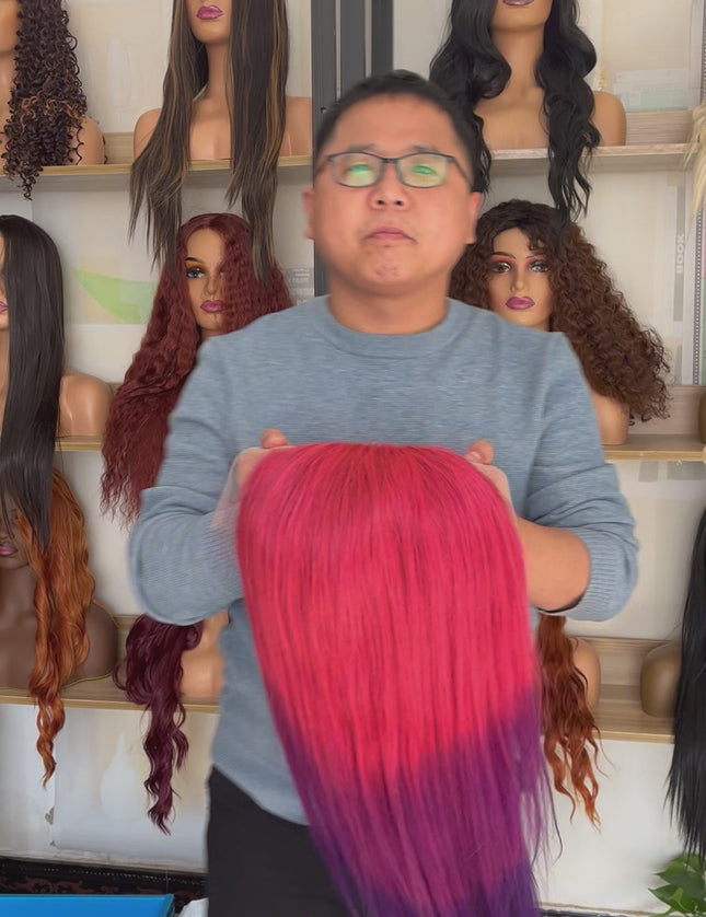 Human Hair Wig 12A straight ombre Pink and Purple color