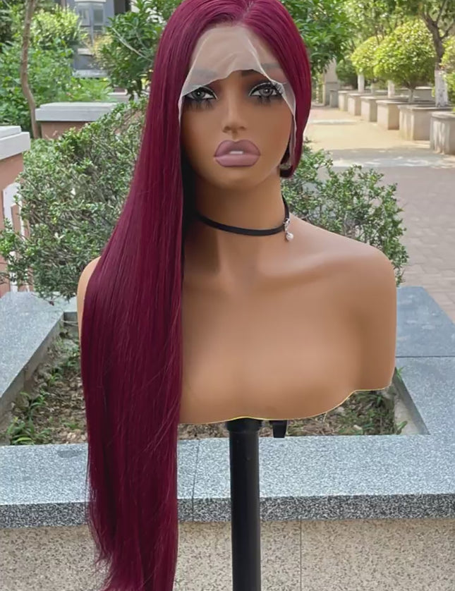 Synthetic lace frontal color wig straight---13*4---burgundy color---pay 1 get 2