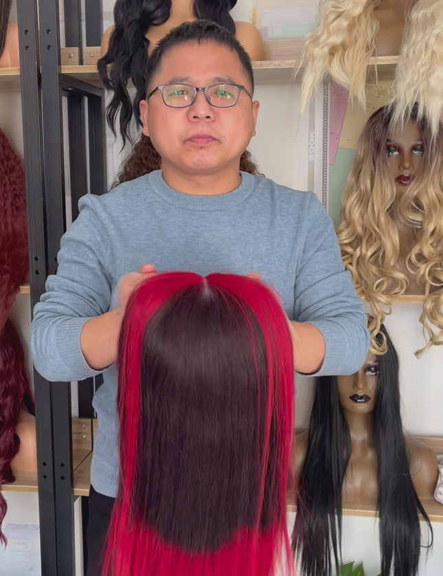 Human Hair Wig 12A straight highlight natural black and red color