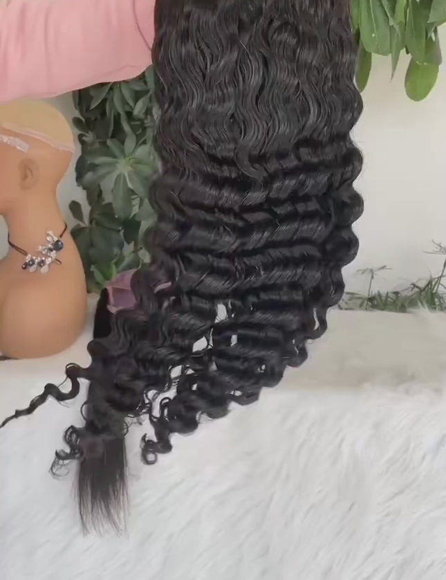 Deep wave Natural Black 4x4，5x5 Lace closure 100% Virgin Human Hair Wig 15A