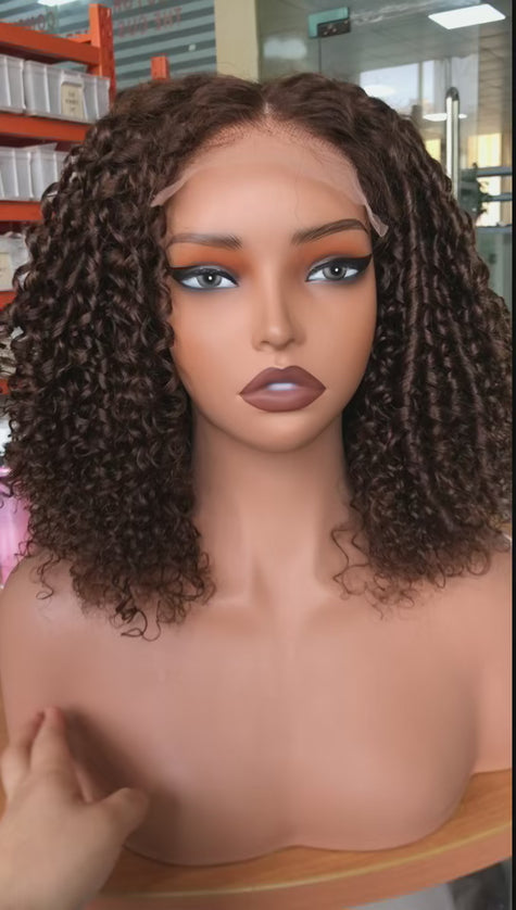 brown color pixie curly wave 4x4，5x5 Lace closure 100% Virgin Human Hair Wig 15A
