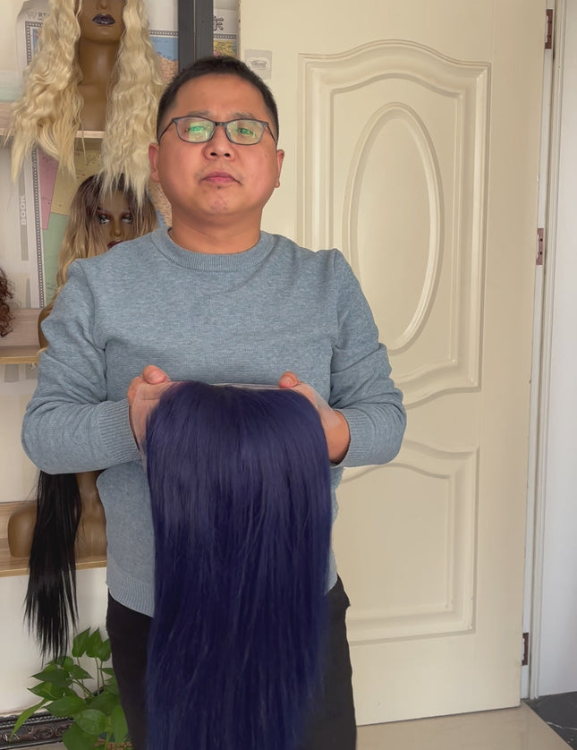 Human Hair Wig 12A straight sea blue color