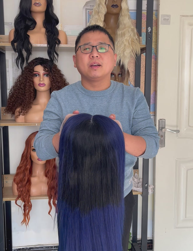 Human Hair Wig 12A straight ombre black/ dark blue color