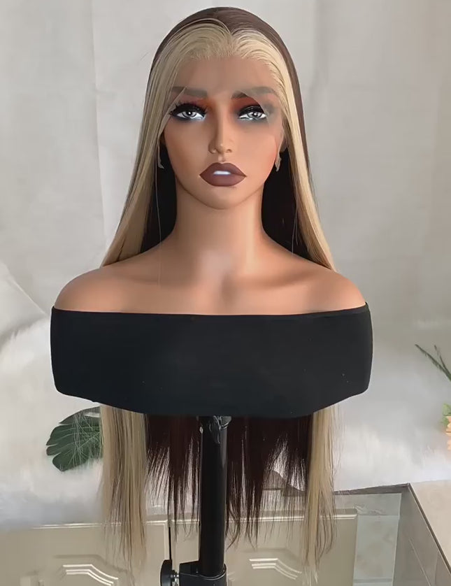 Synthetic lace frontal color wig straight---13*4---highlight blonde and brown color---- pay 1 get 2