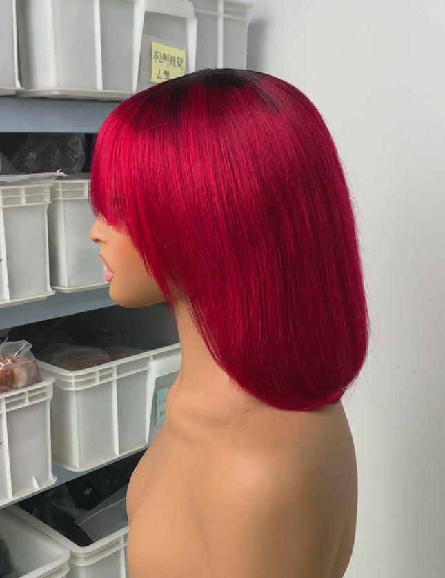 Machine made bob wig with a bang ombre black/red color  100% Virgin Human Hair 150% density