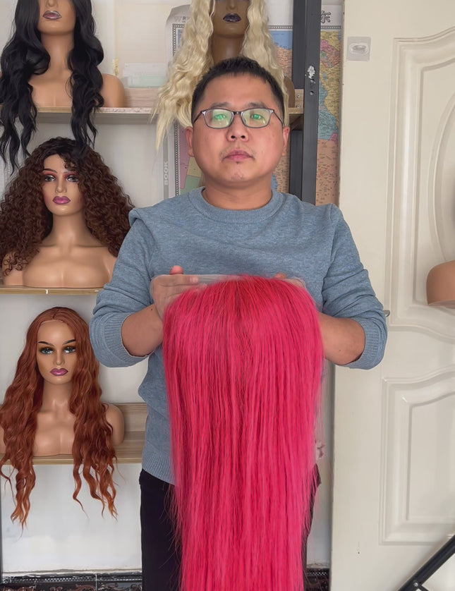 Human Hair Wig 12A straight pink color