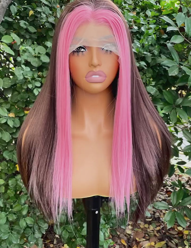 Synthetic lace frontal color wig straight---13*4---highlight pink and brown color--pay 1 get 2