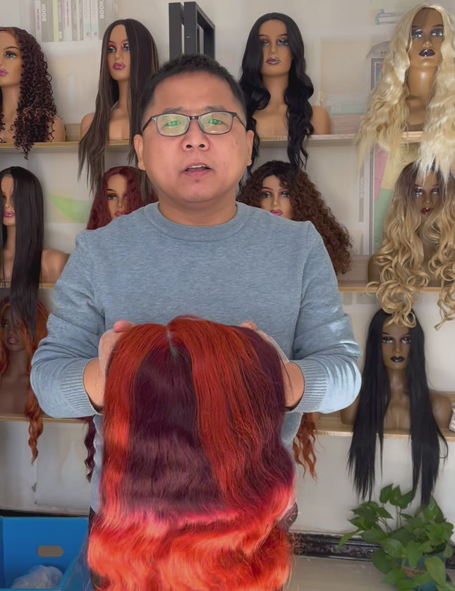 Human Hair Wig 12A Body Wave ombre highlight brown reddish