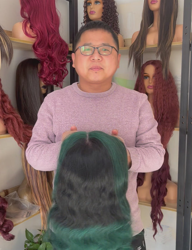 Human Hair Wig 12A Body Wave highlight Ombre 1b/green color